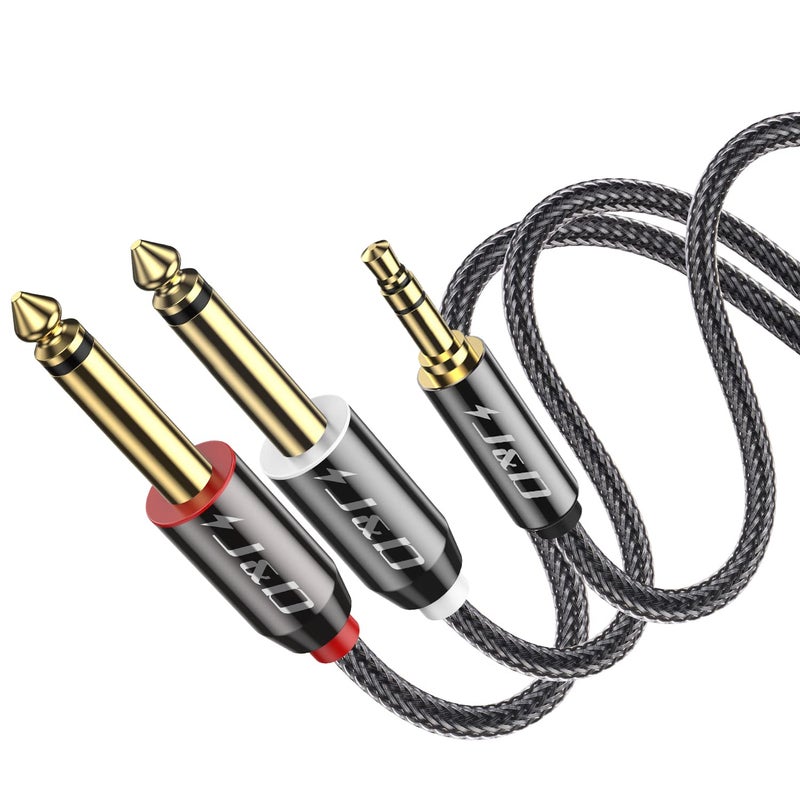 J&D 1/8 to 1/4 Stereo Cable, 3.5mm TRS to Dual 6.35mm TS Breakout Cable Y Splitter Cord for Amplifiers/Audio Mixer/Audio Recorder/MP3/MP4, Nylon Braid, Gold Plated Copper Shell, 1.5 Feet - Image 1